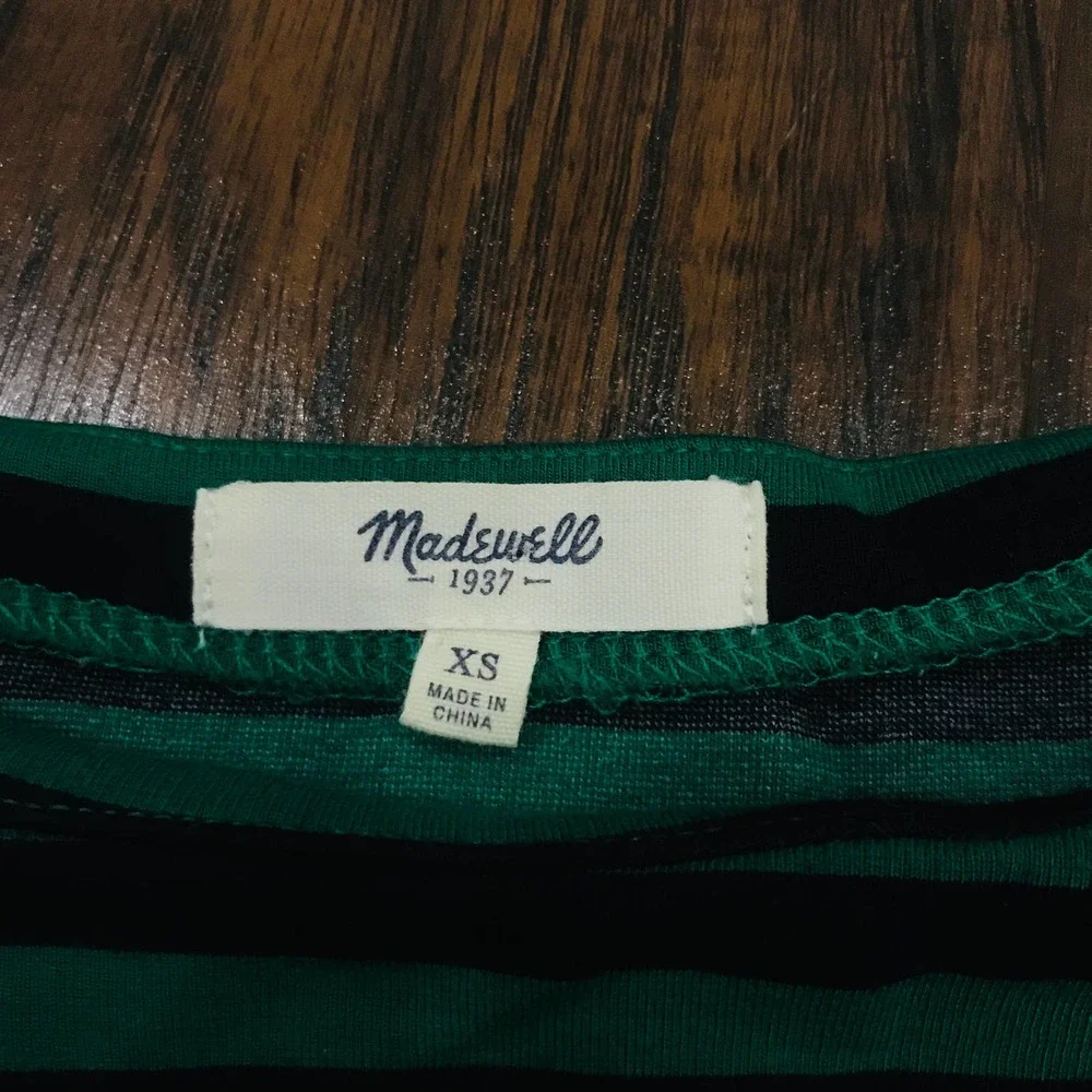 Madewell size extra small XS green and black striped 3/4 pointe knit peplum top - Picture 4 of 5